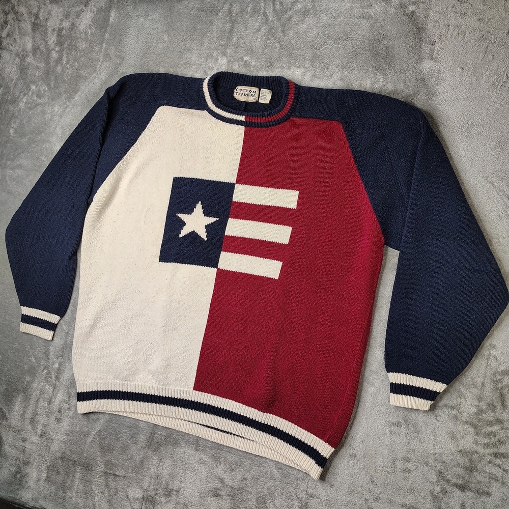 Cotton Traders Graphic Sweater Mens XL Navy Red White Star Stripe Knit Raglan